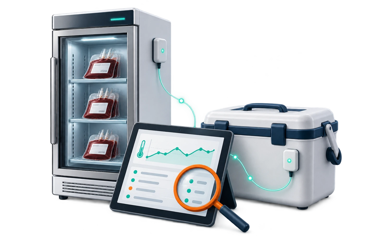 Blood storage refrigerator and temporary-storage cooler connected to temperature monitoring records, with a magnifying glass for equipment investigation.