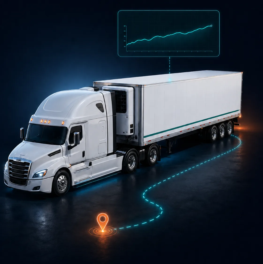 Cold chain refrigerated truck with live temperature timeline and route tracking overlay