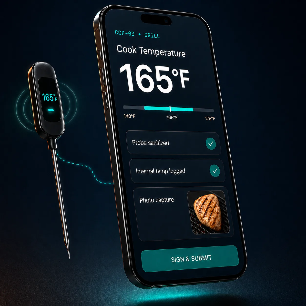 Smartphone running a HACCP cook-temperature check (165°F at CCP-03 Grill) alongside a wireless probe thermometer
