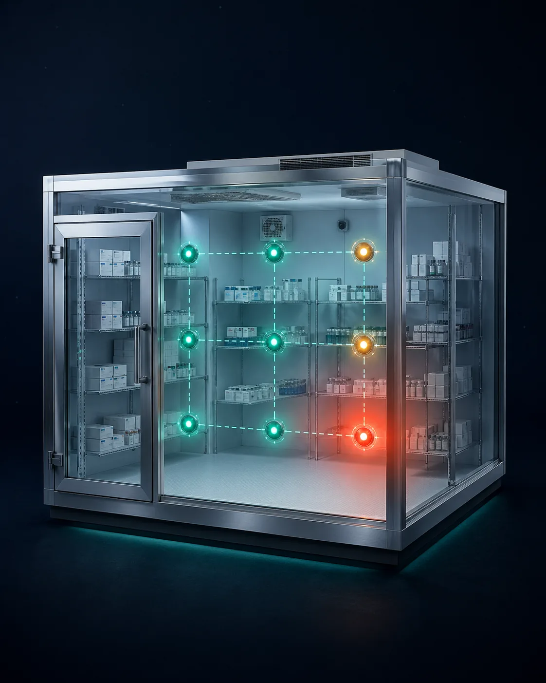 Glass-front qualification chamber with a 9-point sensor grid showing live PQ-study temperatures and a hot-spot indicator