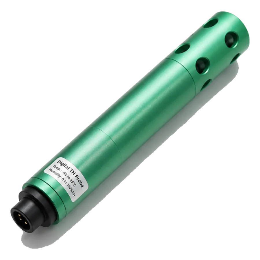 Digital TH probe — green vented body with calibration coefficients stored on the probe