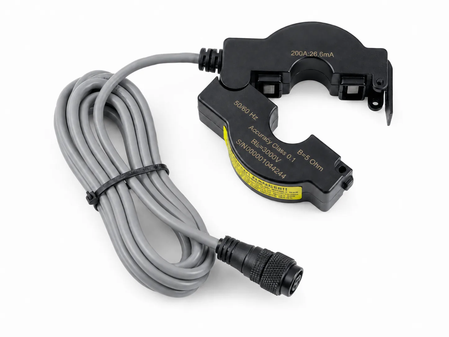 Split-core current monitor transducer with cable and connector