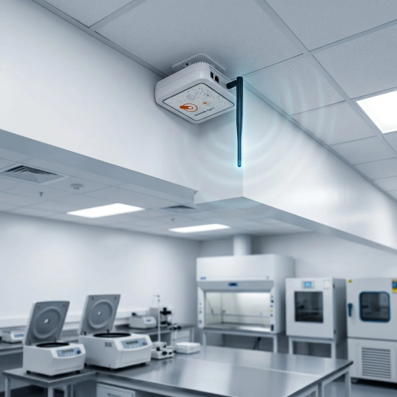 LoRa gateway mounted on a laboratory ceiling broadcasting to centrifuges and incubators
