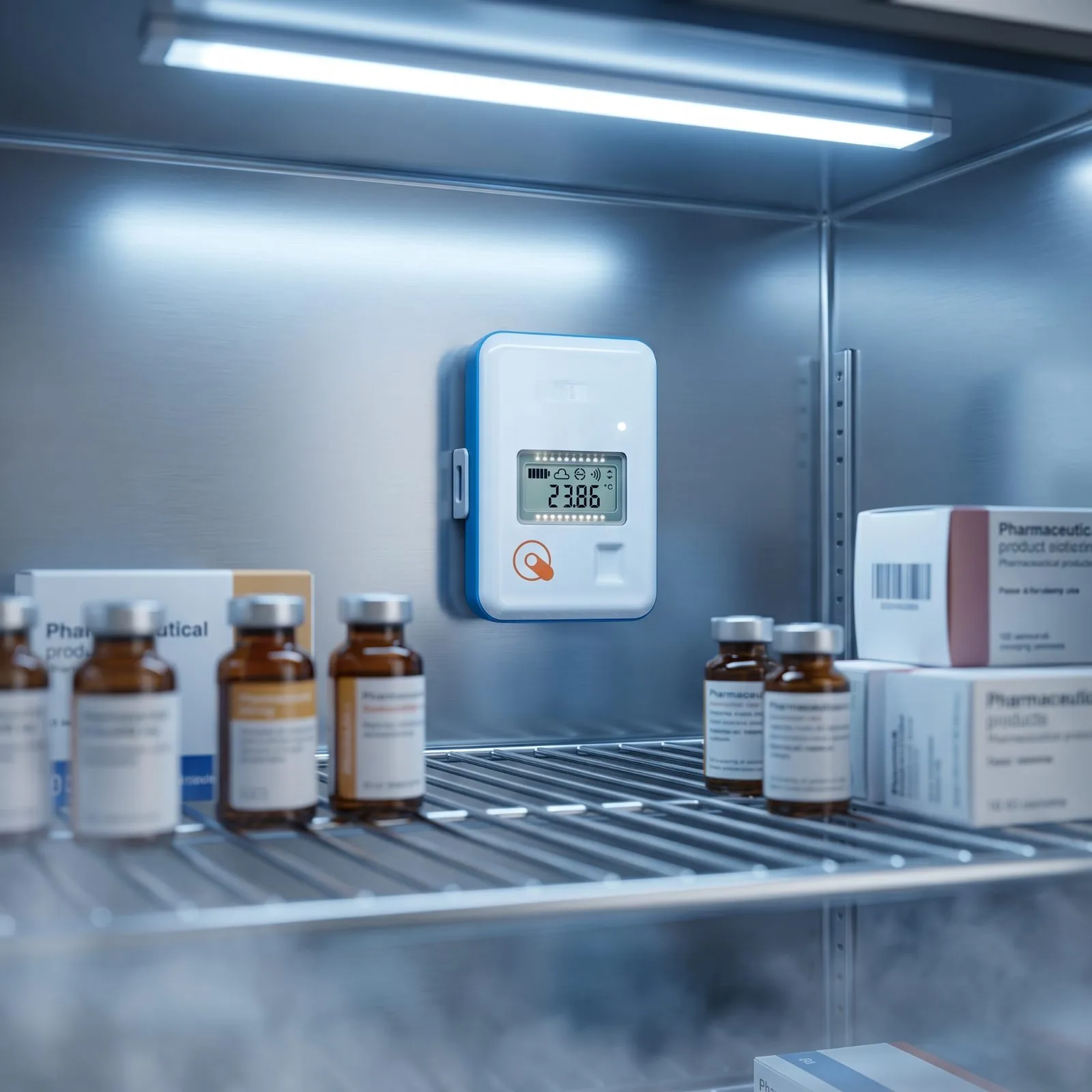 LoRa SPY sensor mounted inside a pharmaceutical refrigerator