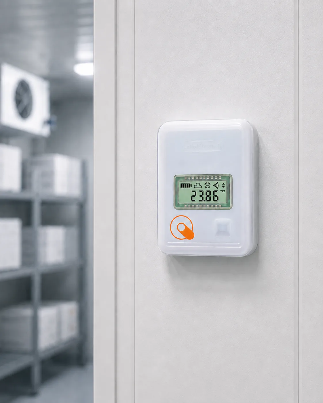 A LoRa SPY sensor installed on the wall of a temperature-controlled warehouse