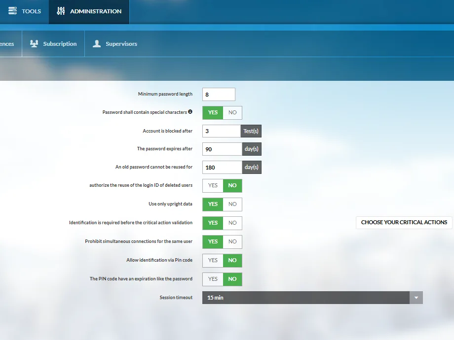 MySirius Administration — security access settings