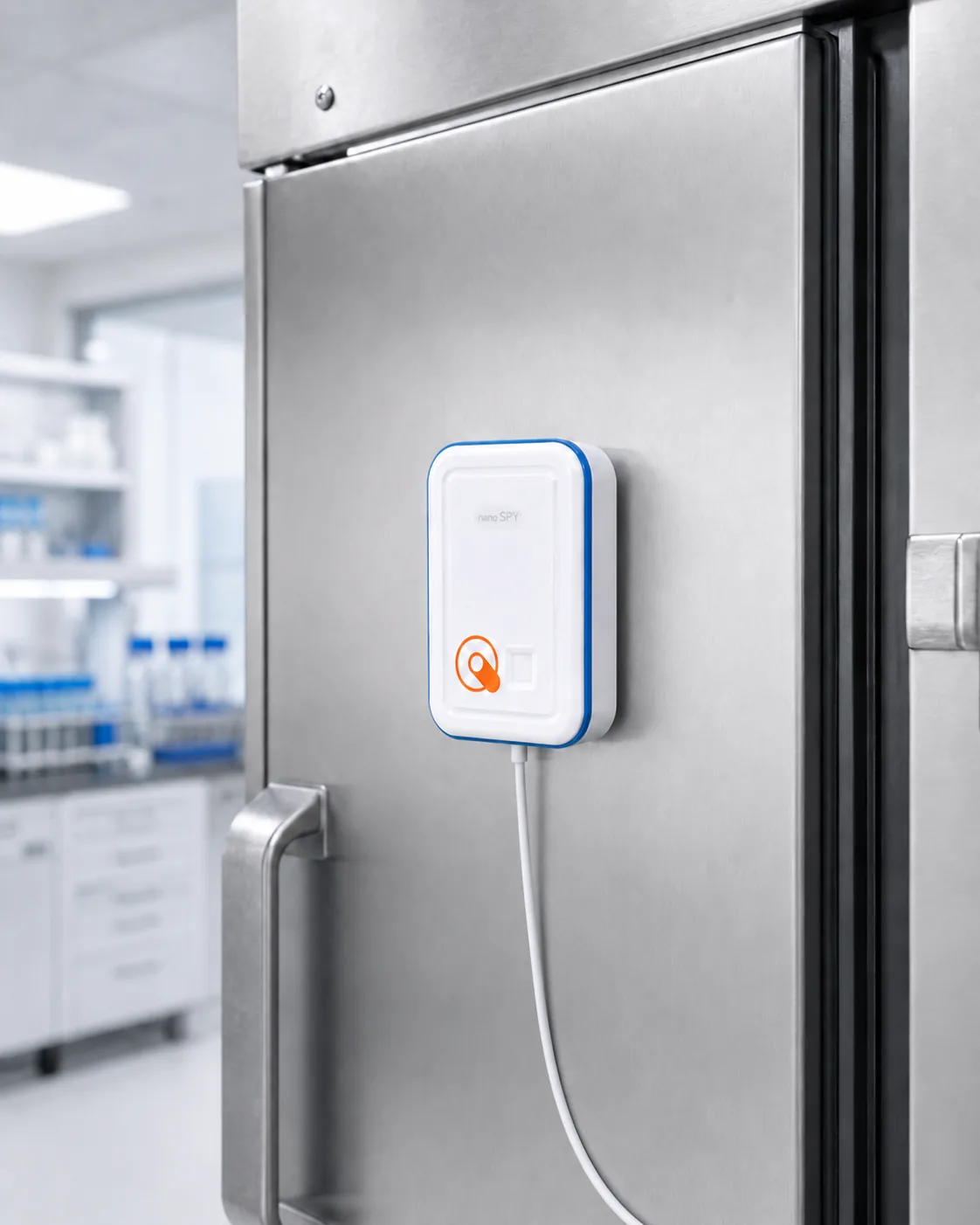 Nano SPY T2 installed on a laboratory refrigerator door