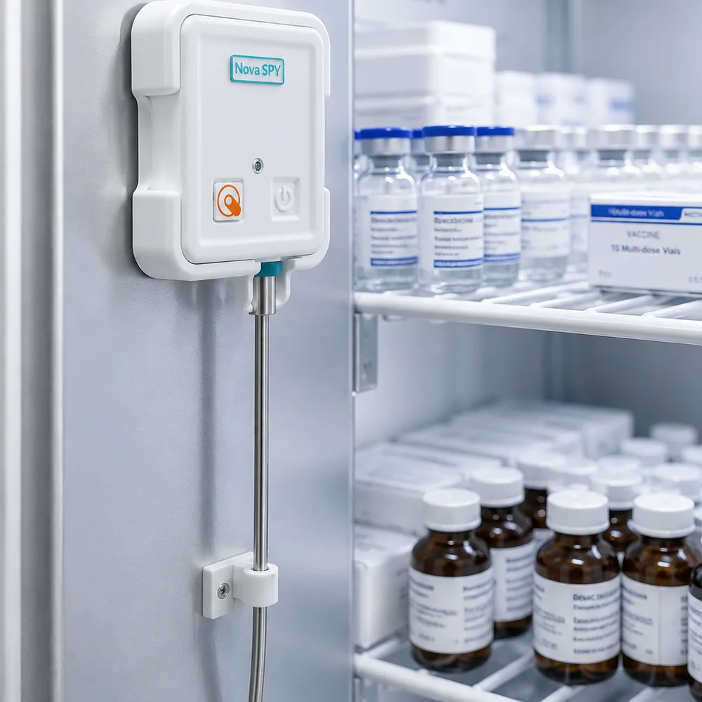 Nova SPY Digital installed inside a pharmaceutical refrigerator, monitoring vaccine vials and multi-dose bottles