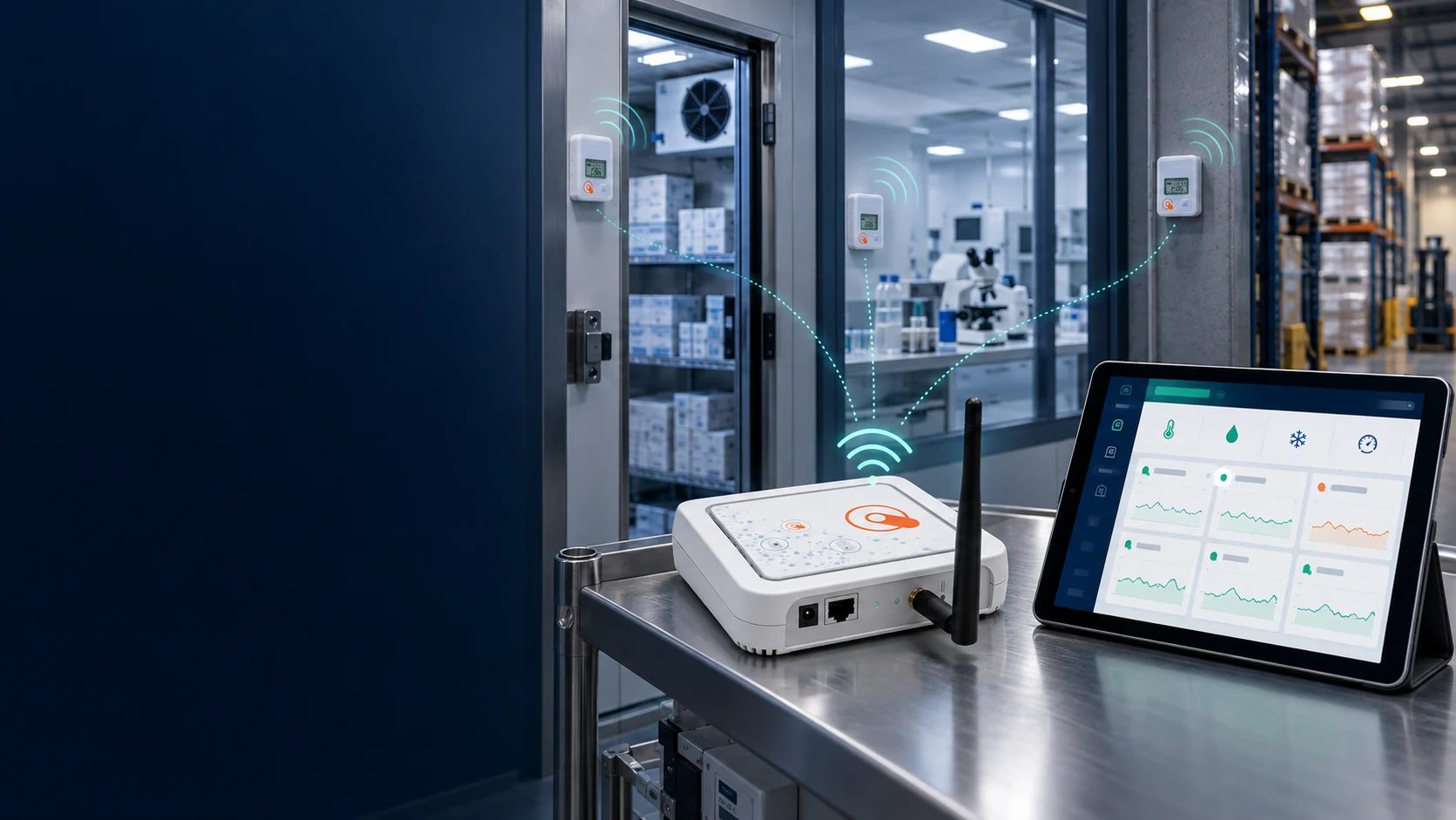 Wireless environmental sensors in cold storage, a laboratory, and a warehouse sending data through a gateway to cloud monitoring software