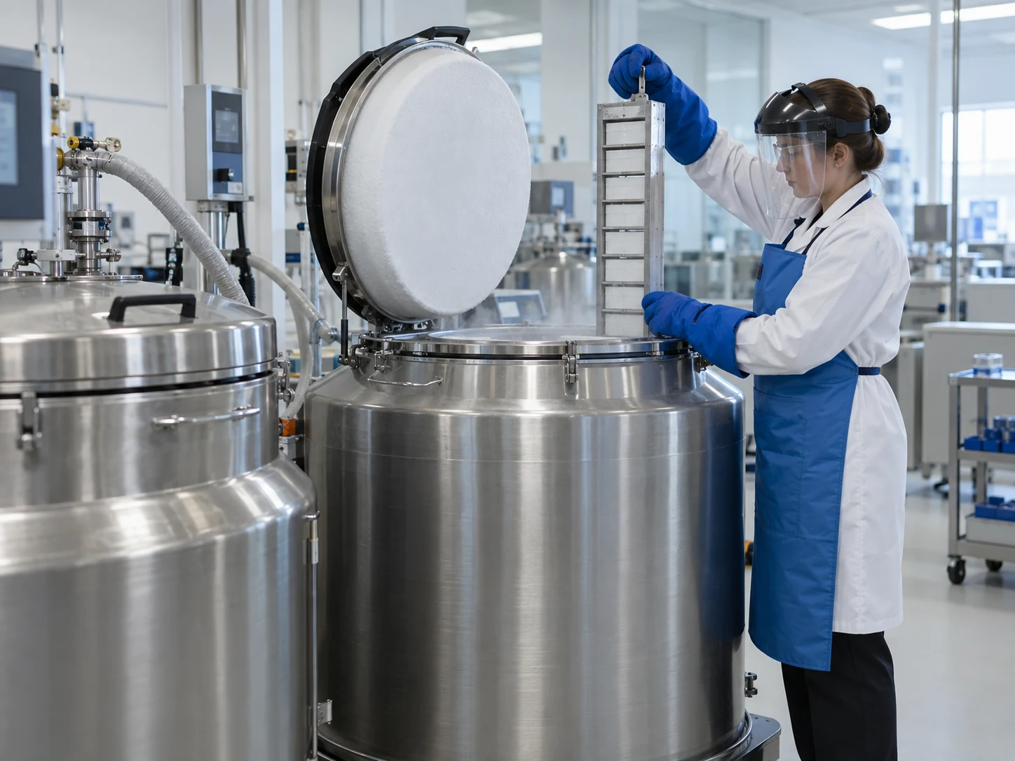 Illustrative specialist handling a cryovial rack above an LN2 storage vessel