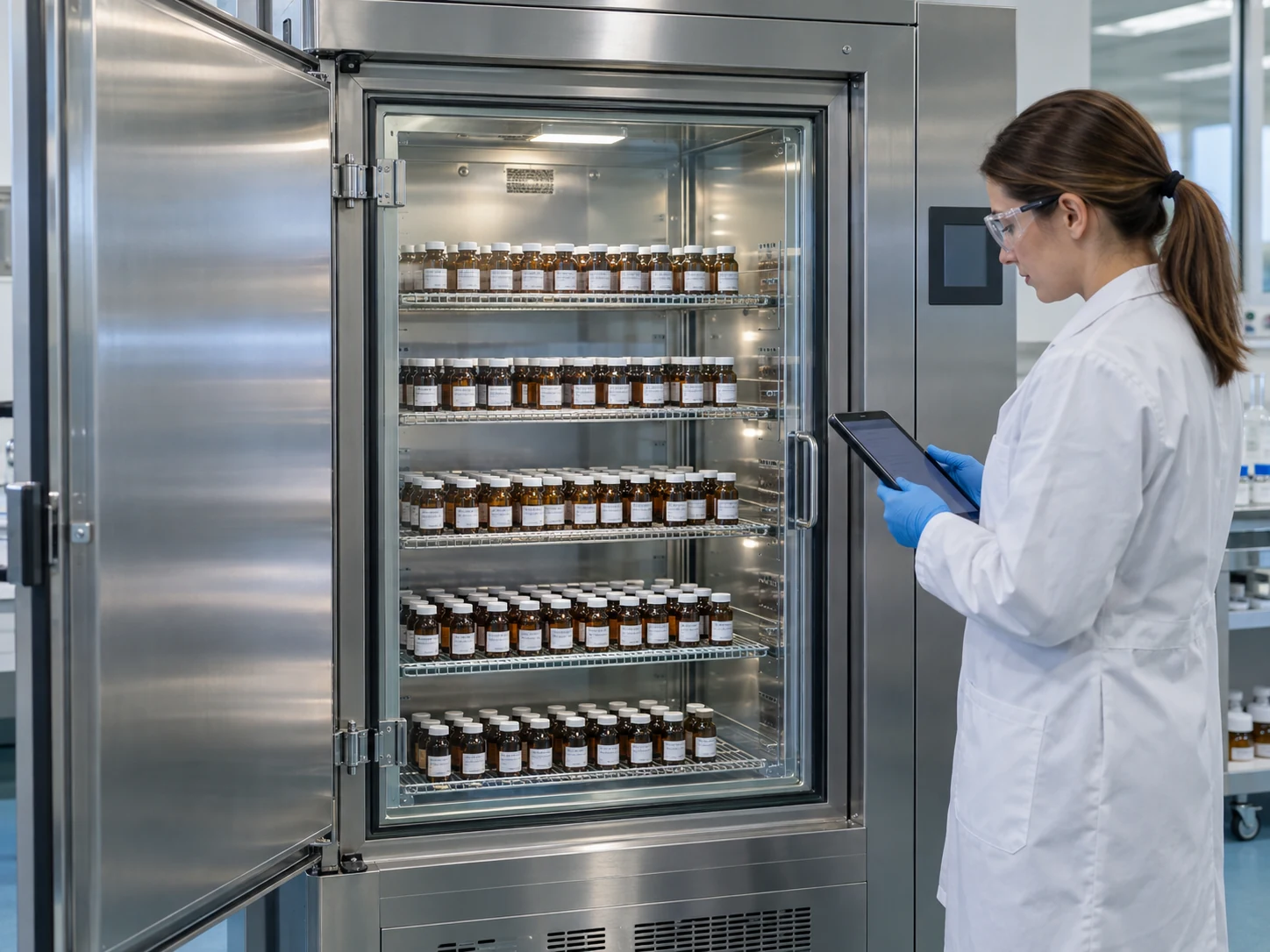 Illustrative laboratory specialist checking samples in a stability chamber