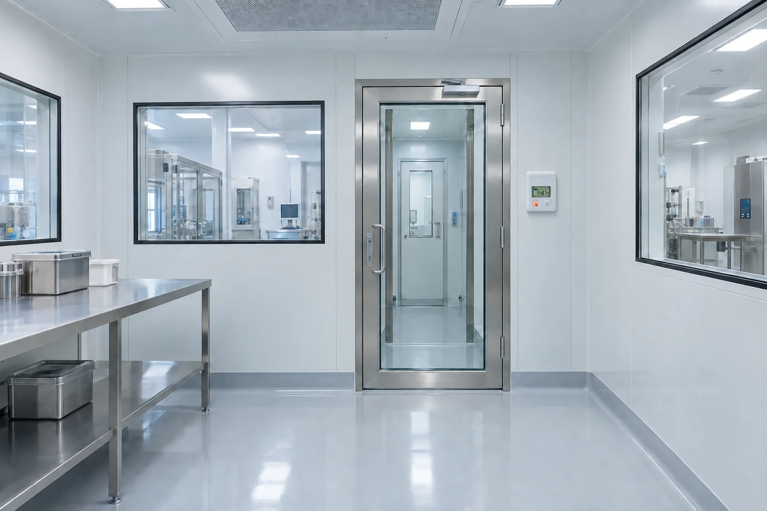 QC LoRa SPY TH mounted beside an airlock door in a cleanroom with stainless steel surfaces.