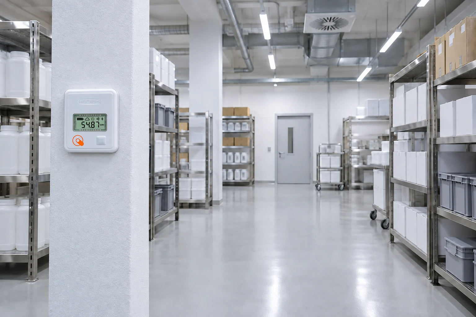 QC LoRa SPY TH installed on a column in an organized storage facility.