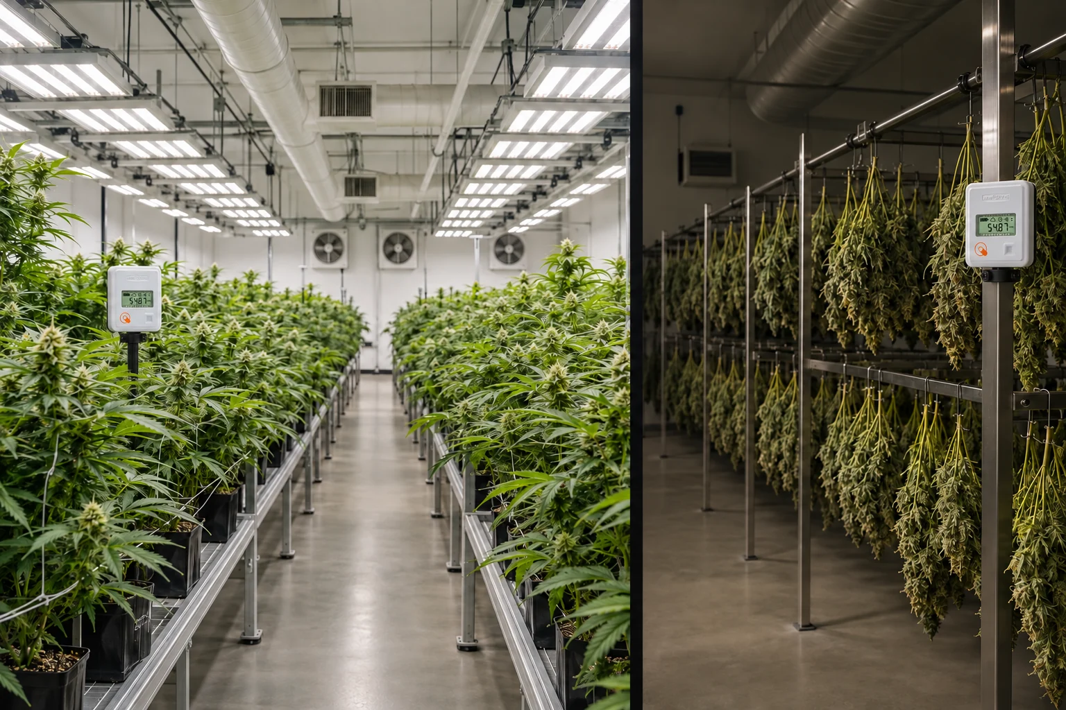 QC LoRa SPY TH sensors monitoring a lit cultivation room and a separate drying room.