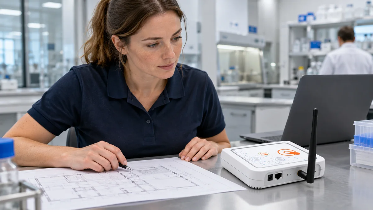 Illustrative engineer comparing monitoring equipment at a workbench