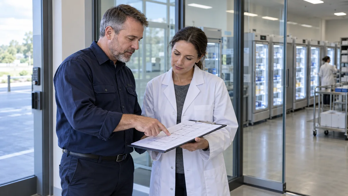 Illustrative engineer and quality manager reviewing a site plan