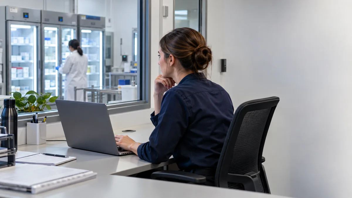 Illustrative specialist using a laptop in a controlled facility