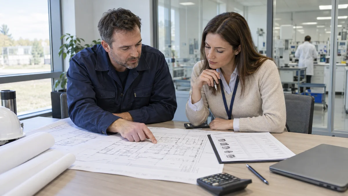 Illustrative colleagues reviewing a floor plan and equipment scope