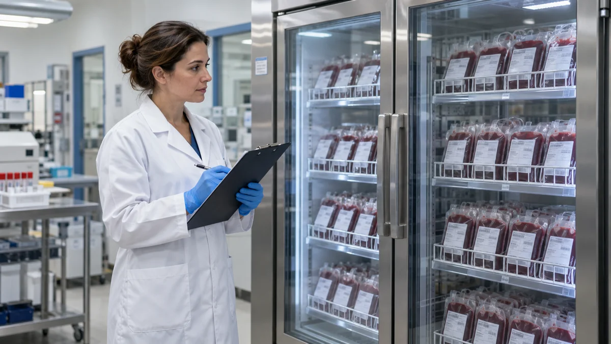 Illustrative blood-bank technologist checking refrigerated blood products