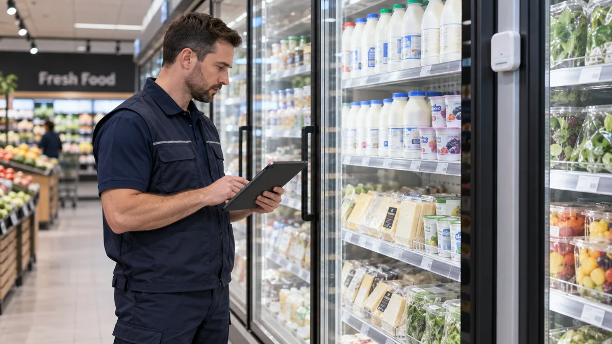 Illustrative retail food specialist checking a refrigerated display