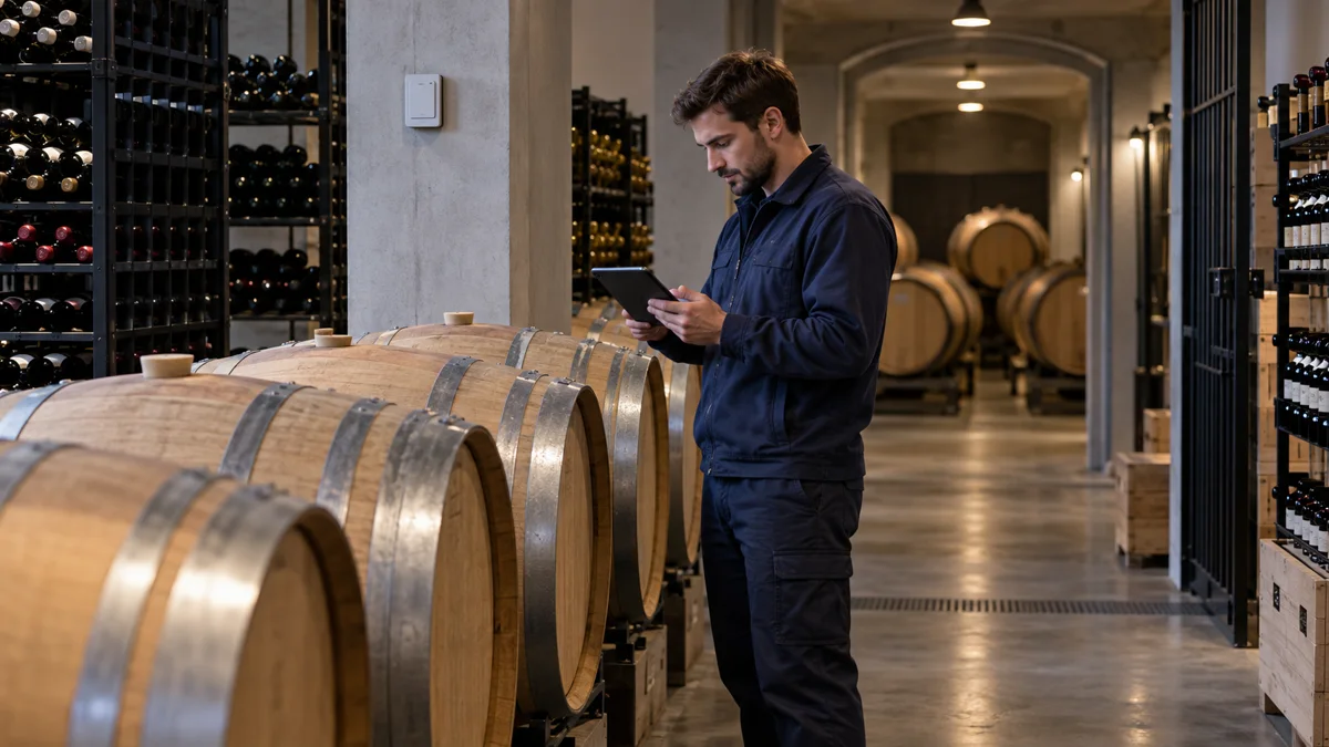 Illustrative cellar operator checking wine storage conditions