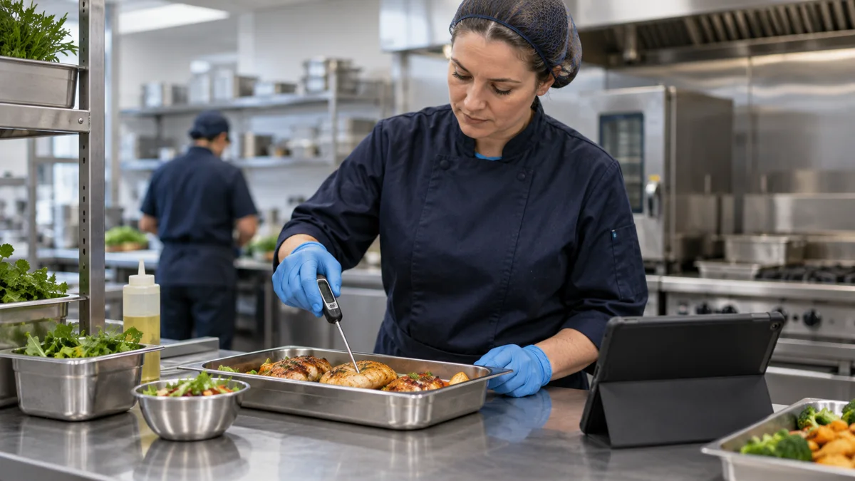 Illustrative food operator checking temperature with a probe