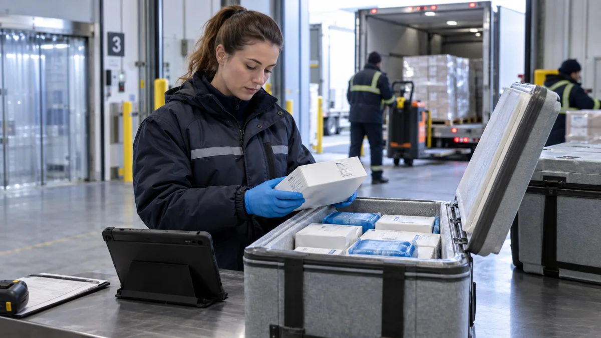 Illustrative receiving specialist inspecting a pharmaceutical cold-chain shipment