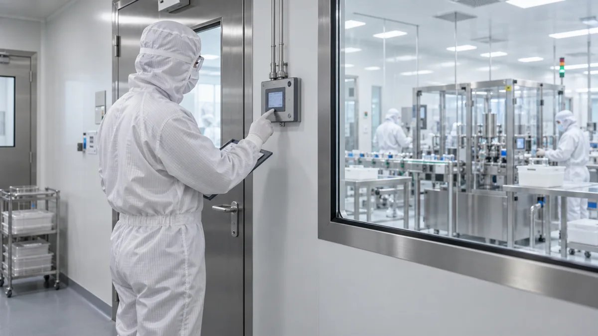 Illustrative cleanroom specialist reviewing environmental conditions
