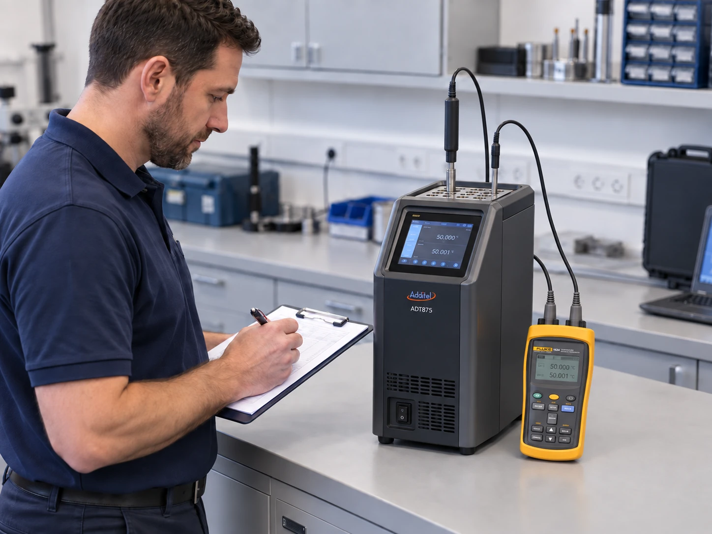Technician documenting temperature calibration with an Additel ADT875 dry block and Fluke 1524 reference thermometer.