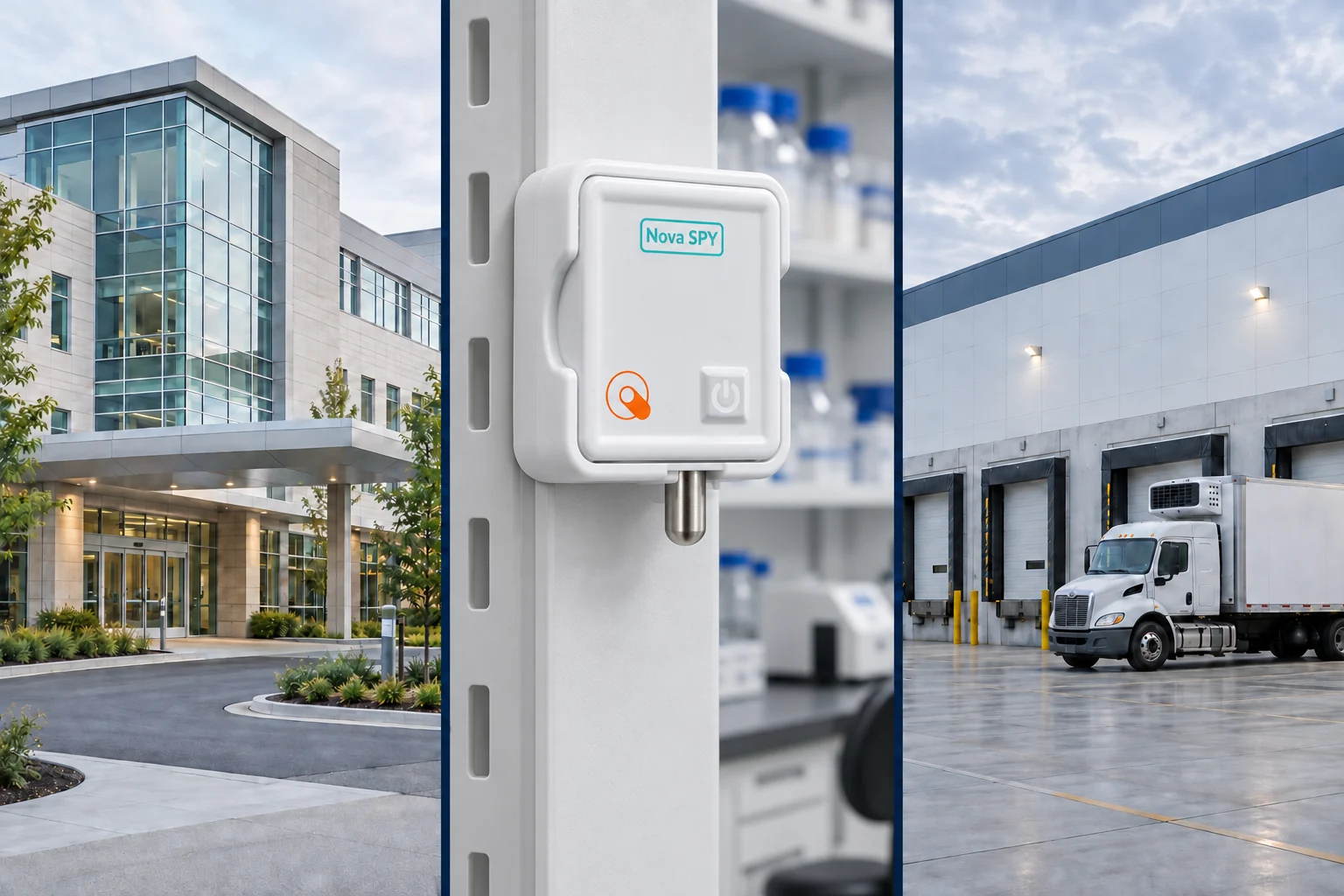 Three facilities: a healthcare building, a laboratory featuring the QC Nova SPY Digital, and a distribution center.