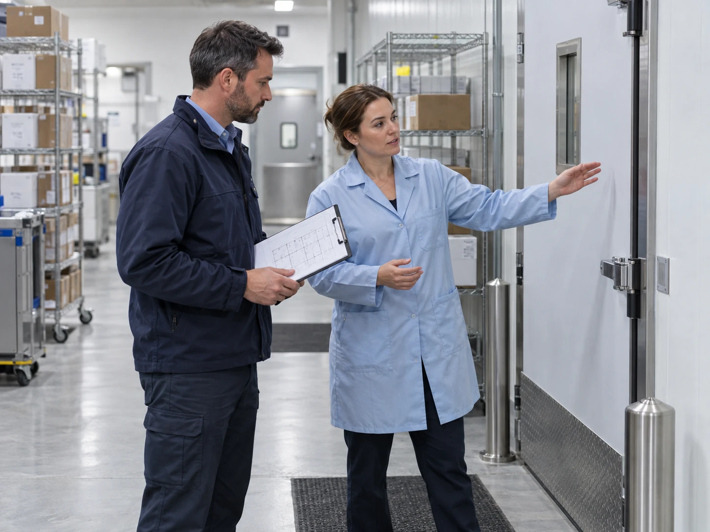 Field engineer and facility representative review a floor plan beside a pharmaceutical cold-storage room.