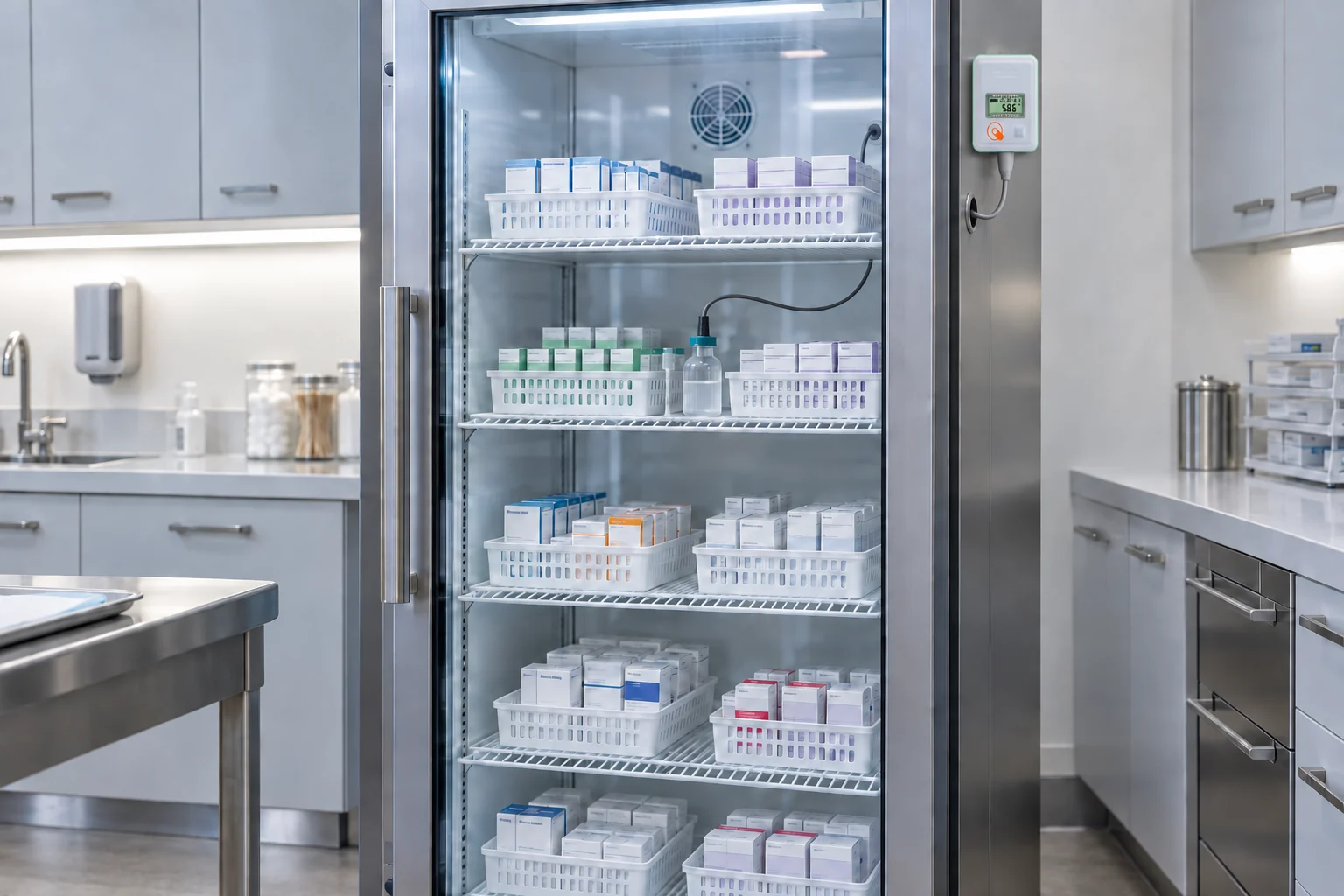 QC LoRa SPY T2 mounted beside a vaccine refrigerator, with an external probe routed into a buffered bottle among boxed inventory.