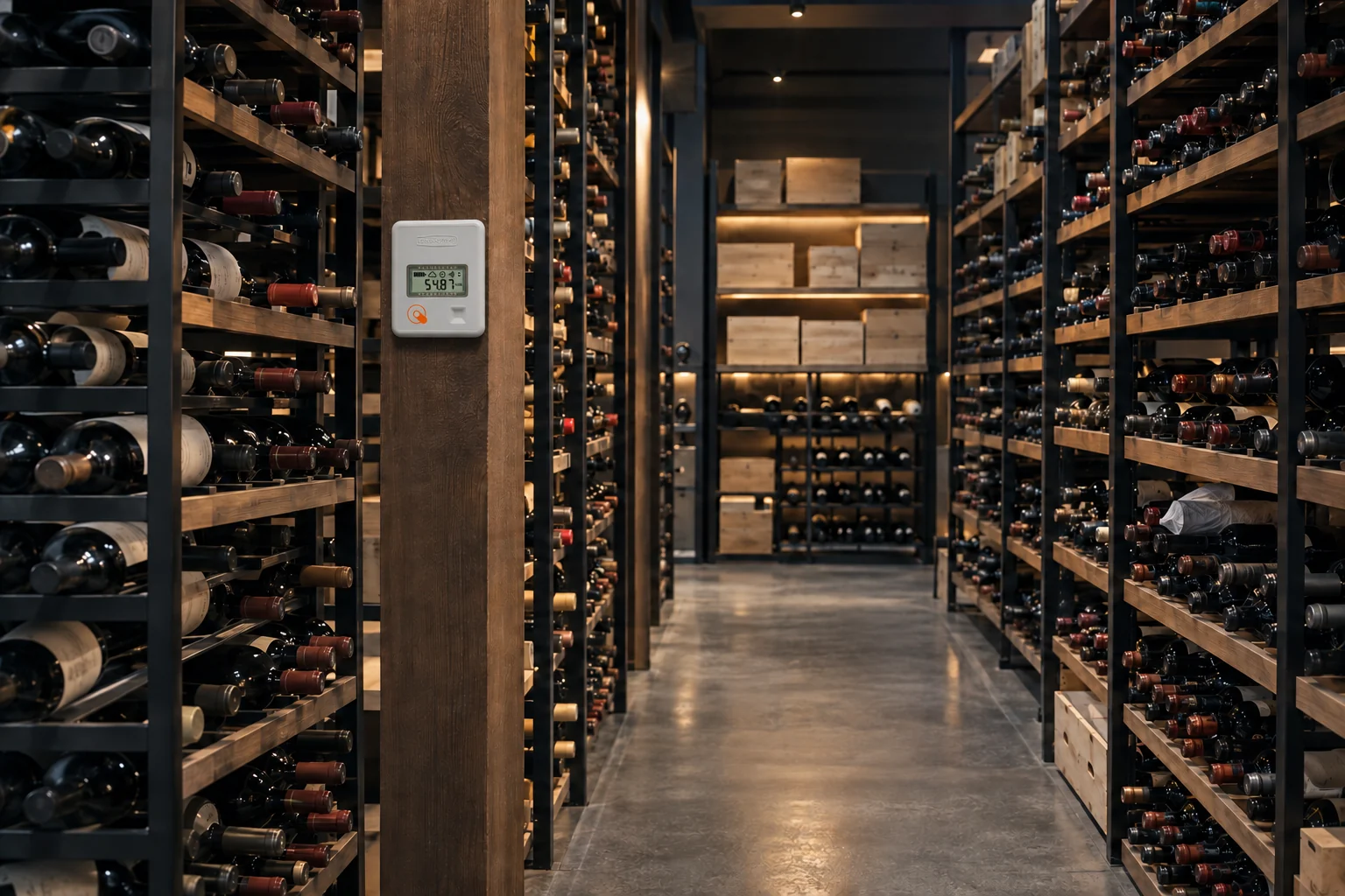 QC LoRa SPY TH mounted on a wooden column beside horizontal wine bottle racks in a commercial cellar.