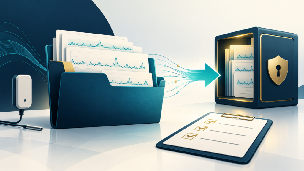 Illustration of temperature monitoring records transferred to a secure archive with a vendor exit checklist.
