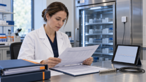Laboratory quality specialist reviewing calibration records beside temperature monitoring equipment and refrigerated storage.