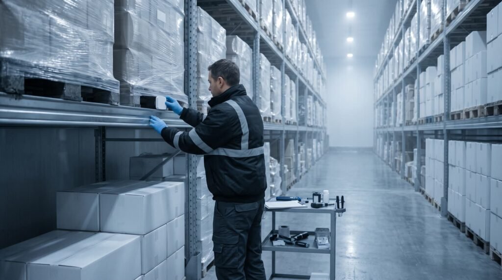 Technician placing a wireless humidity and temperature sensor on a pharmaceutical warehouse shelf during a mapping study