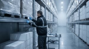 Technician placing a wireless humidity and temperature sensor on a pharmaceutical warehouse shelf during a mapping study