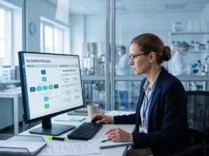 Pharma QA professional at a workstation reviewing software validation documents for a temperature and humidity monitoring system